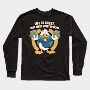 A vectordesign trending concept for A cartoon happy character duck, holding bundles of money in both his hands. (3) Long Sleeve T-Shirt